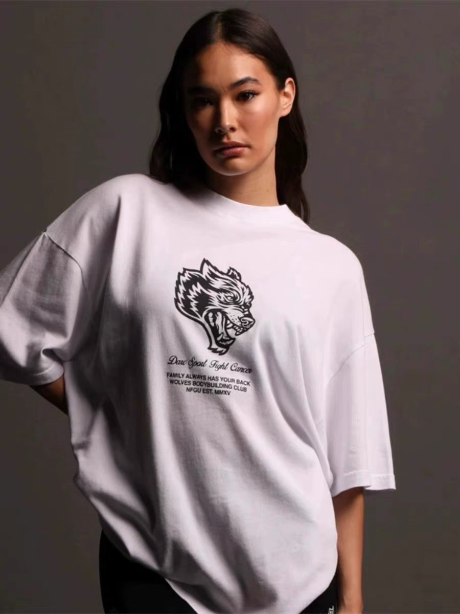 Streetwear Gym Brand - ホワイトクラシックウルフヘッドジムフィットネススポーツストリートトレンドブランドグラフィックTシャツコットンメンズレディースTシャツサマーストリートウェア