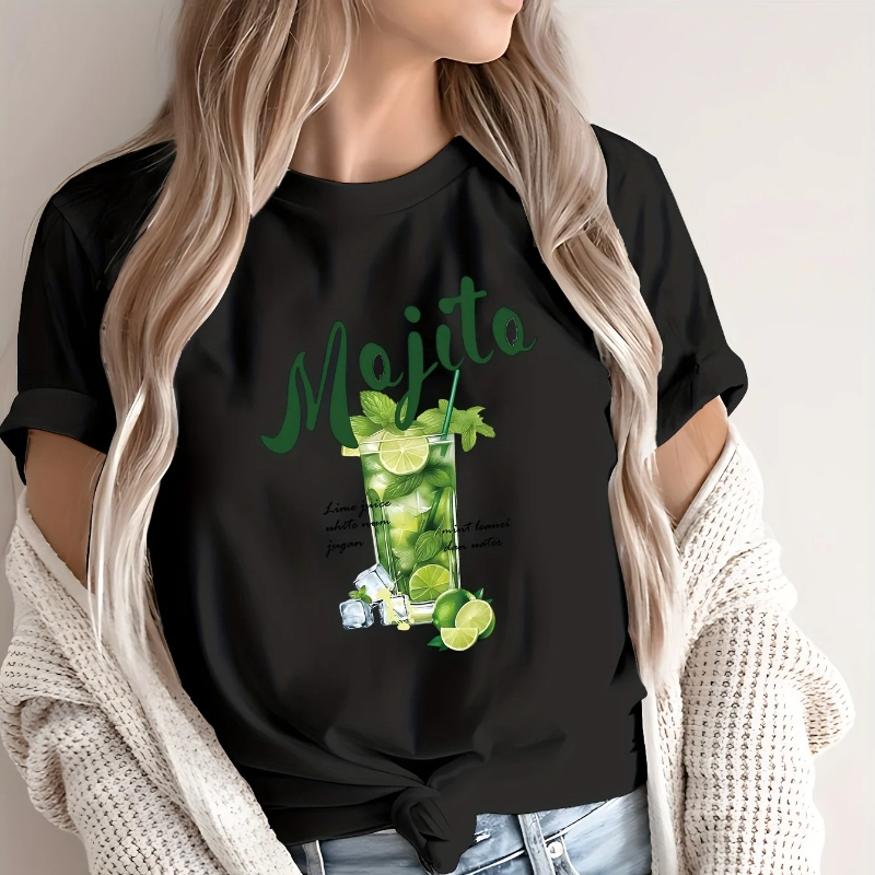 Streetwear Brand Drops - モヒートカクテル飲料グラフィック女性 Tシャツレジャーファッション半袖コットン Tシャツ夏のブランドストリートトップ服