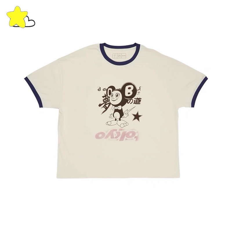 Cactus Jack Tee - 最高品質のコットン製襟と袖口の切り替えが施されたベージュのカクタス・ジャックTシャツ、男女兼用カジュアル、漫画グラフィックのデジタルプリントTシャツトップス