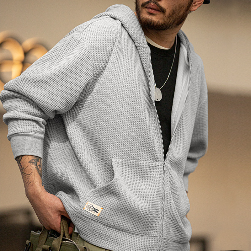 Japanese Brand Streetwear Vintage - メンズ・マデン日本のヴィンテージグレーワッフルパーカー、エッセンシャルフード付きスウェットシャツ、ルーズスポーツジャケット、ジョガープルオーバー、メカジブランド