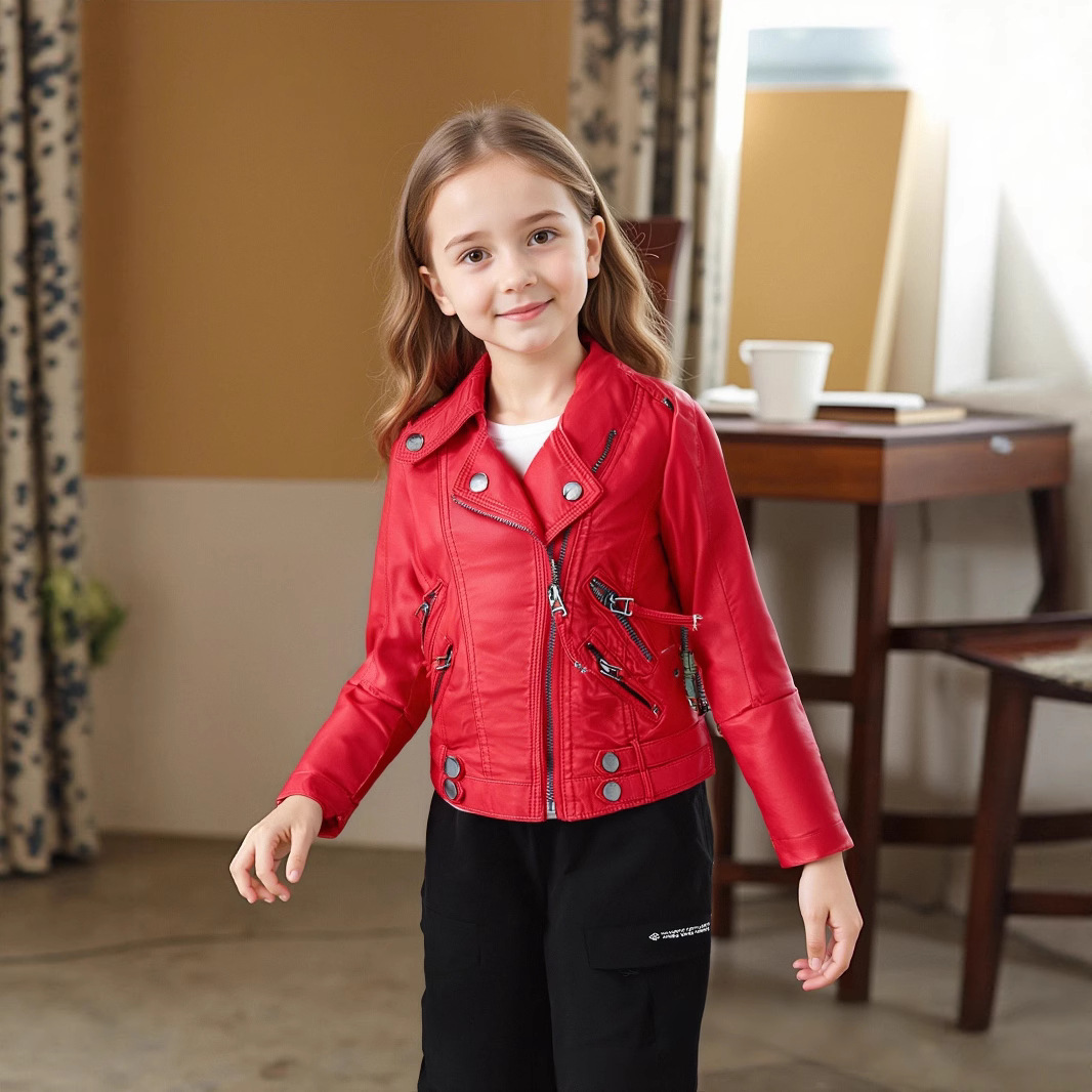 Streetwear Brand Red Logo - キッズストリートフォトウェア 2-12Y 新年男の子女の子レッドロックオートバイ Pu レザージャケット子供防水防風コート