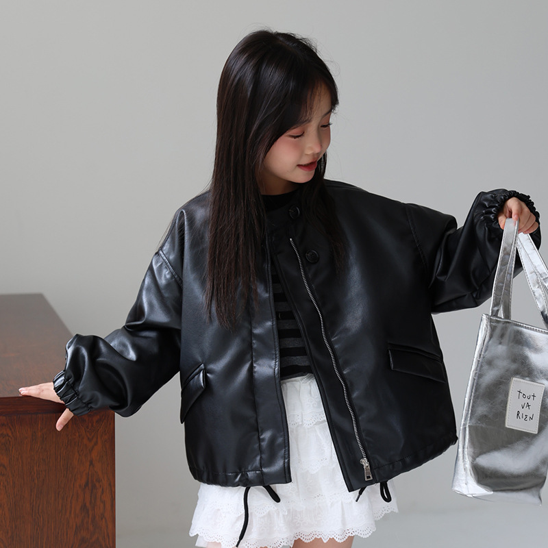 Streetwear Girl Brand - 2-12Y 女の子甘い黒ピンクロックオートバイ Pu レザージャケット子供防水防風コート子供ストリート写真撮影着用