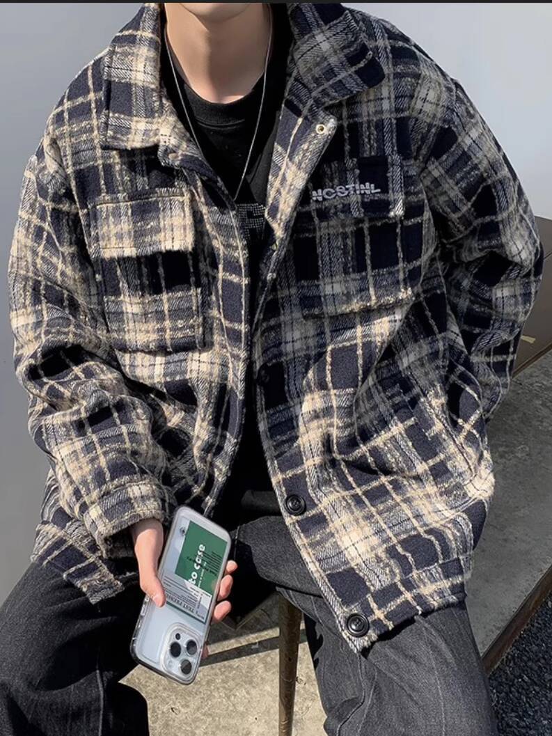 Streetwear Brand England - メンズ厚手シャツジャケット 秋＆春 レトロチェック柄シャツジャケット ラペル刺繍ブランド 学生クールストリートウェア アウター