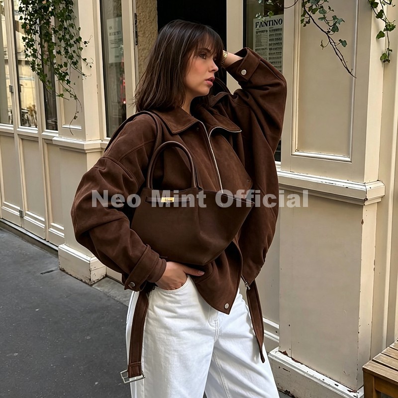 ネオミント秋の新ブラウン特大スエードジャケット女性シックなブ - Streetwear Girl Brand のレビューと価格