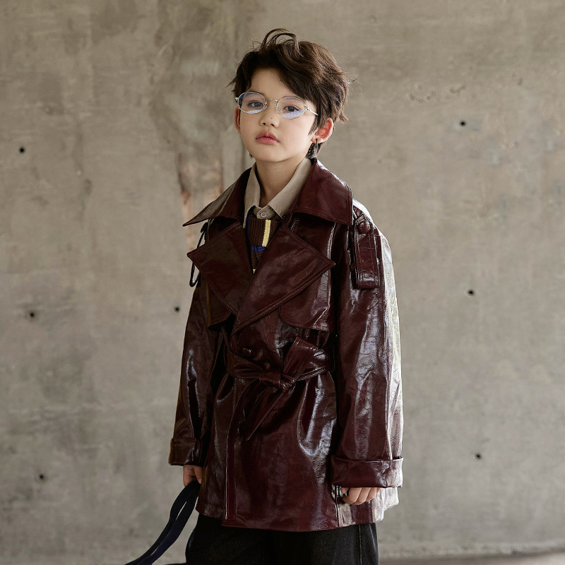 男の子女の子ワインレッドブラックオートバイナノピPUレザージ - Streetwear Brand Red Logo のレビューと価格